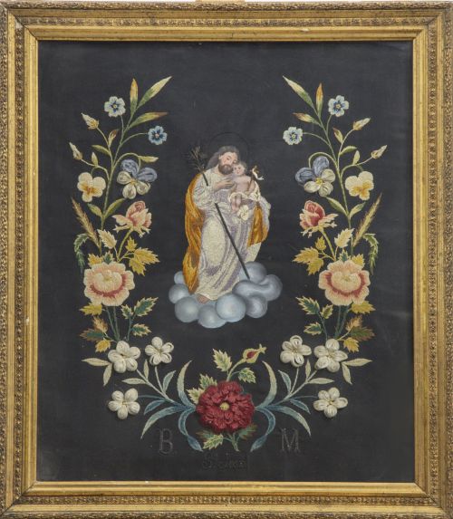 San José con el Niño.Bordado en hilos de color "a pintura