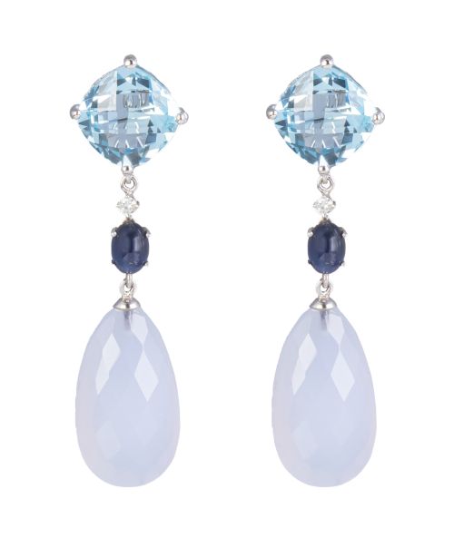 Pendientes largos con topacio azul talla cuadrada facetada,