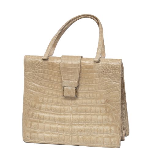 Bolso vintage de piel de cocodrilo color beige, con dos asa