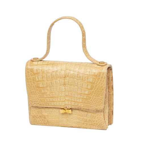 Bolso vintage de piel de cocodrilo color beige, con un asa 