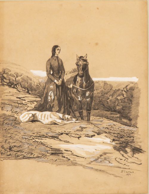 EUSEBIO PLANAS (Barcelona, 1833-1887)Dama con galgo y cab