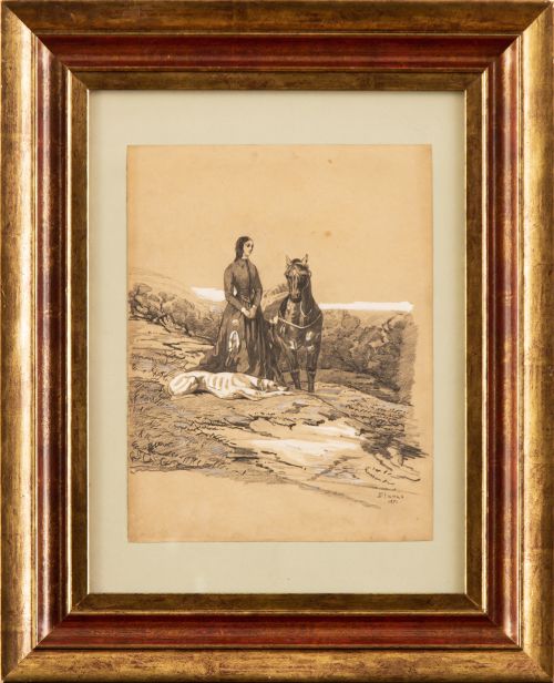 EUSEBIO PLANAS (Barcelona, 1833-1887)Dama con galgo y cab