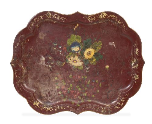 Bandeja de latón pintada de granate con flores y decoración