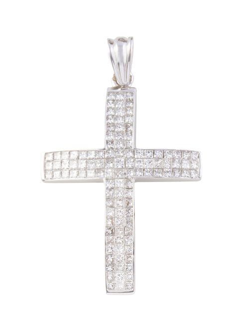 Cruz colgante cuajada de diamantes de talla princesa en eng