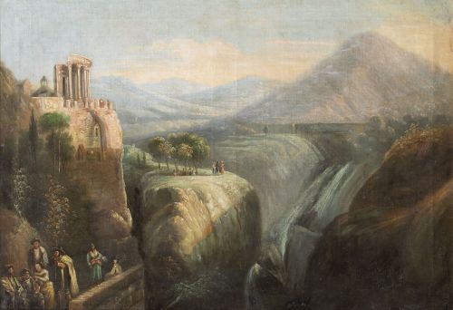 P. ALVÁREZ (Escuela española, siglo XIX)Paisaje con aldean