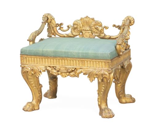 Banqueta Guillermo IV de madera tallada y dorada.Trabajo 