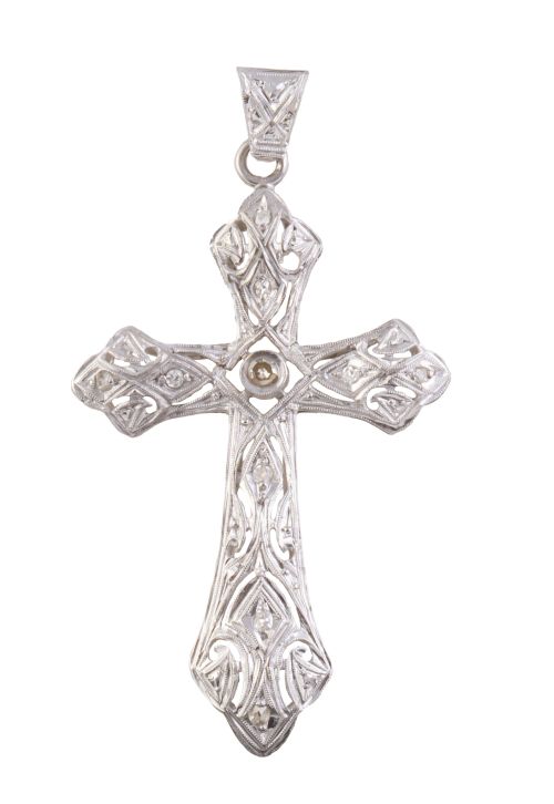 Cruz colgante de brillantes Art- Decó con decoración calada