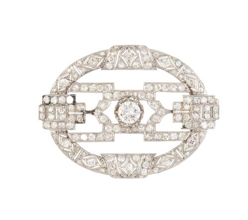 Broche placa Art-Decó de brillantes, con brillante central 
