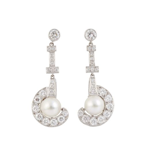 Pendientes largos estilo Art-Decó de brillantes y perlas, c