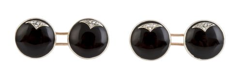 Gemelos dobles circulares Art-Decó de ónix decorados con pe