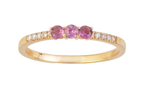 Sortija tresillo de zafiros rosas, flanqueado por cinco bri