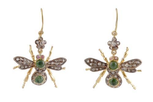 Pendientes diseño de abeja, con cuerpo de esmeraldas, alas 
