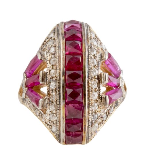 Sortija lanzadera ancha de diamantes y rubíes estilo Art-De