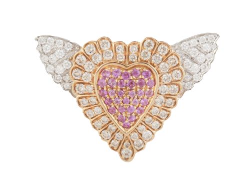 Broche corazón alado SUAREZ de zafiros rosas y brillantes e