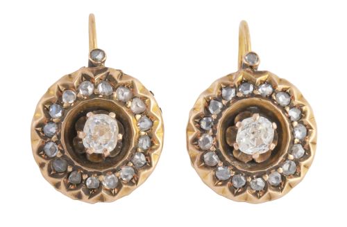Pendientes rosetón de diamantes de ff. S. XIX con brillante