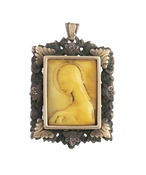 Medalla colgante catalana Art-Decó con Virgen tallada en hu