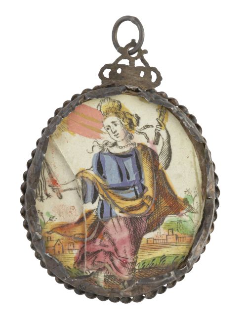 Medalla devocional de dos vitrales con marco de plata a cor