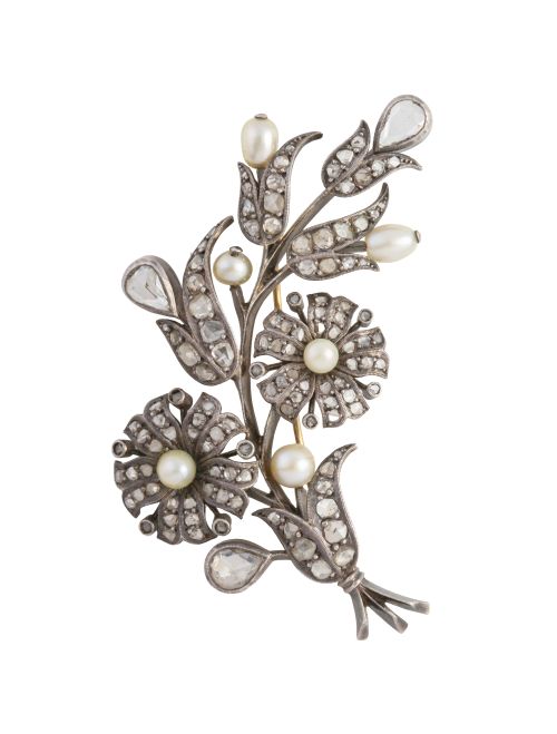 Broche floral isabelino S. XIX con diamantes de talla rosa 