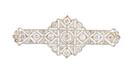 Broche barra Art-Decó de brillantes con flor central