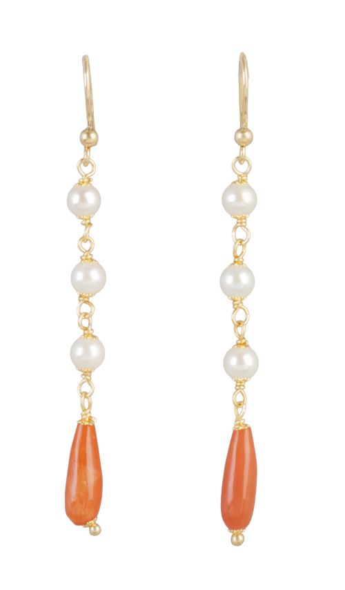 Pendientes largos con línea de perlas y cadenita rematada e