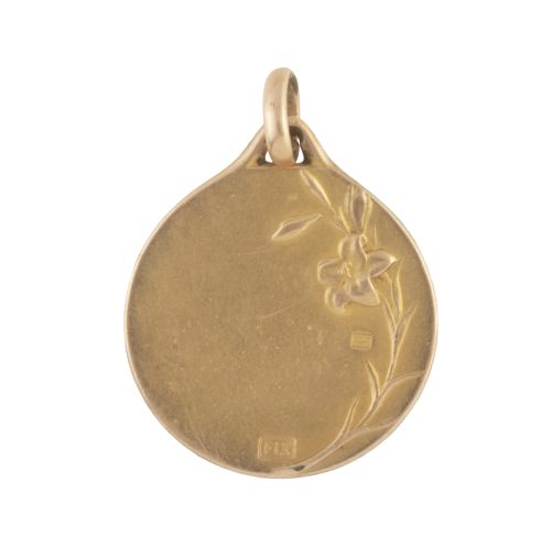 Medalla colgante francesa Art-Nouveau con relieve de Virgen