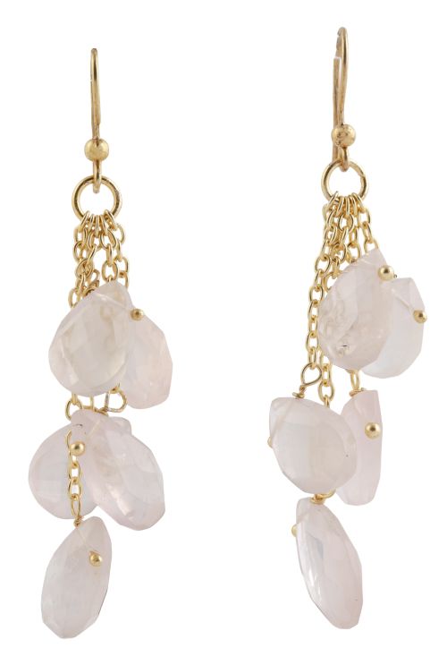 Pendientes largos de cuentas de cuarzo rosa talla gota face