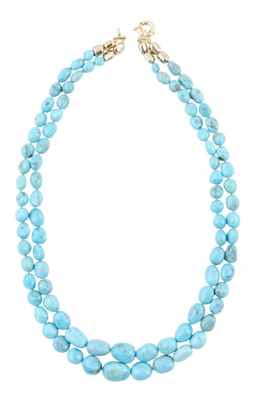 Collar largo doble hilo de turquesas naturales ovoides, de 