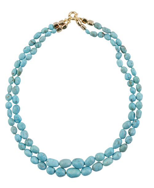 Collar largo doble hilo de turquesas naturales ovoides, de 