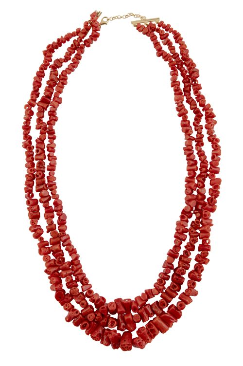 Collar largo de tres hilos de coral mediterráneo, con cuent