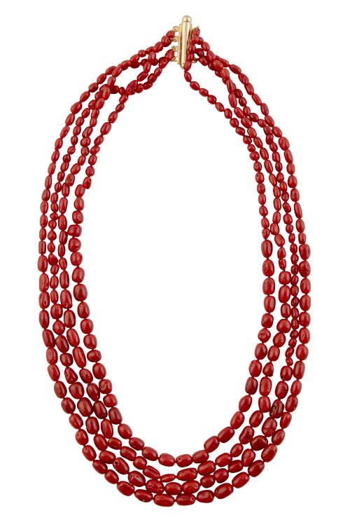 Collar largo de cuatro hilos de coral rojo mediterráneo, co