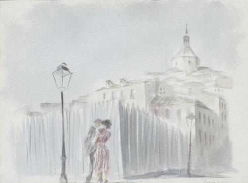 EDUARDO VICENTE (Madrid, 1909 - 1968)Vista de pueblo con 