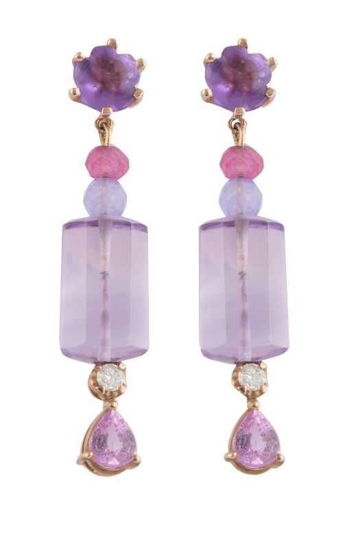 Pendientes largos con amatistas, zafiros rosas y rubíes con