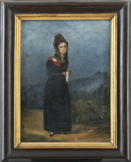 ESCUELA ESPAÑOLA, H. 1800Retrato de maja con mantilla y p