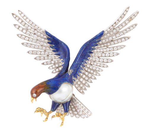 Broche años 60 de águila realizada con esmalte bicolor, ala