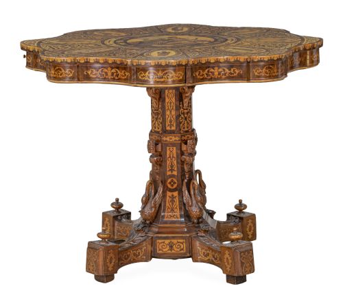 Velador de madera de palisandro con marquetería de varias m