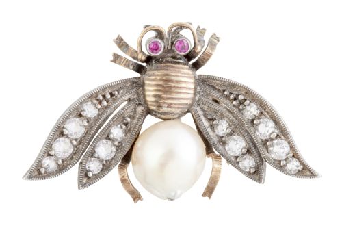Broche en forma de mosca en oro, plata y símil de brillantes