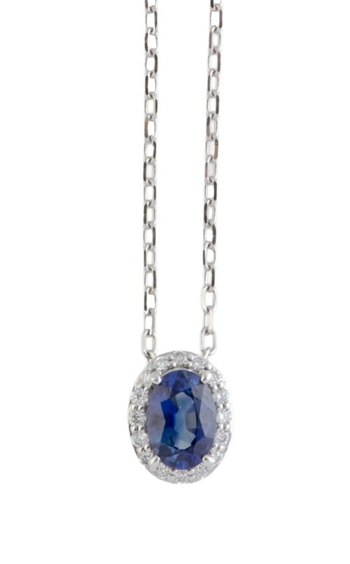 Colgante de zafiro oval orlado de brillantes, con cadena fi