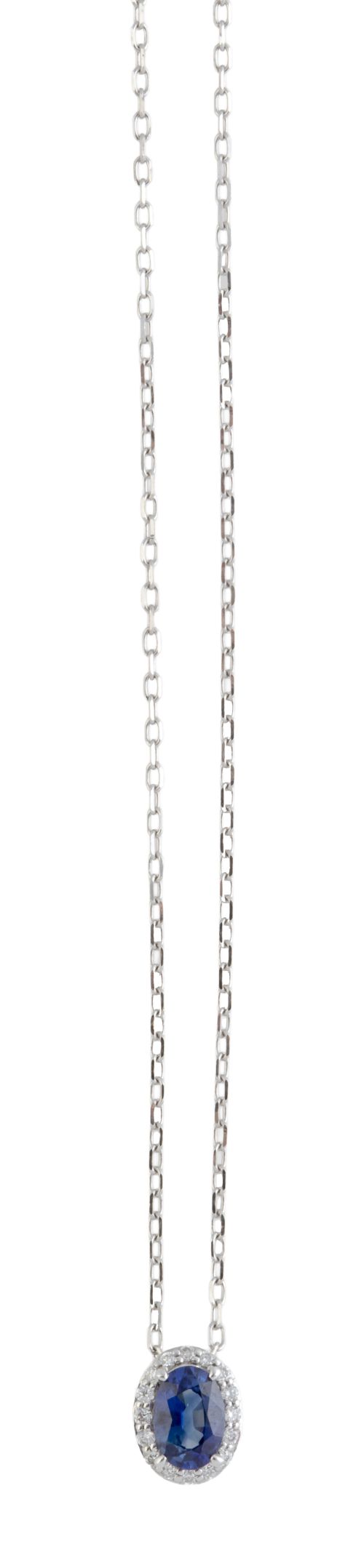 Colgante de zafiro oval orlado de brillantes, con cadena fi