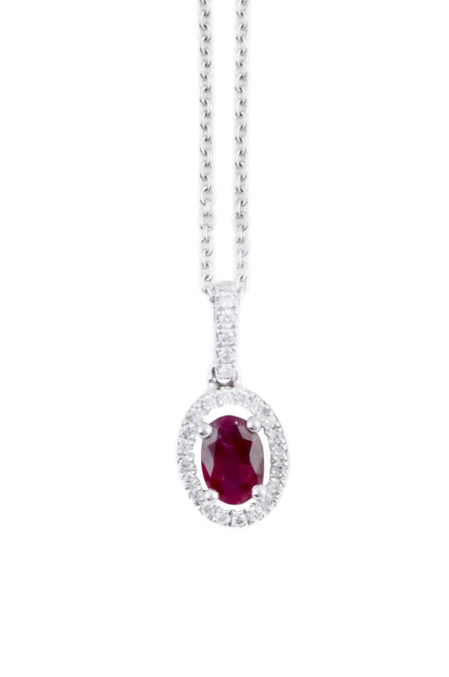 Colgante de rubí oval orlado de brillantes y con reasa de b