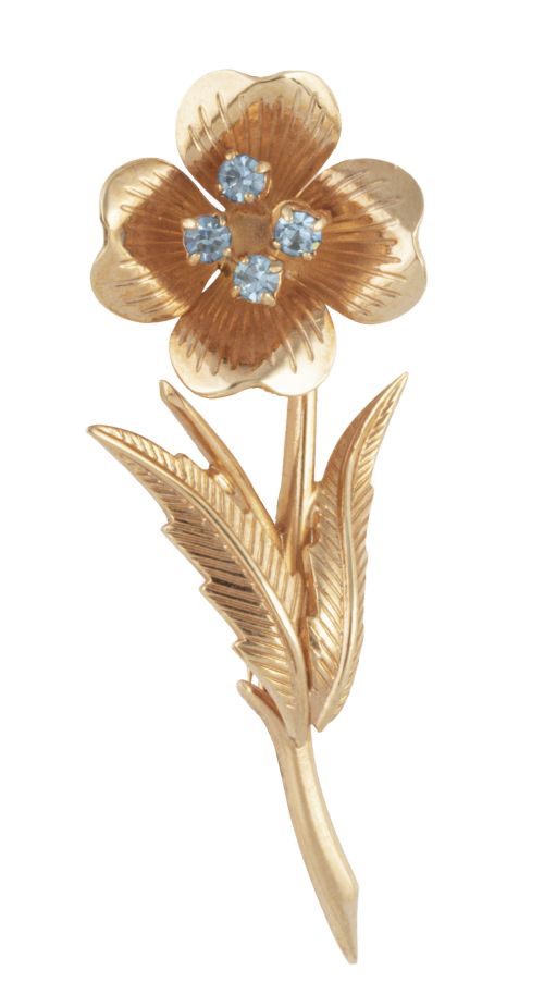 Broche vintage francés años 60 de flor con tallo, hojas y c
