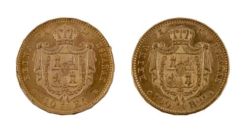 Dos monedas de diez escudos y cien reales de Isabel II en o