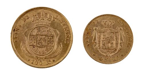 Dos monedas de cuatro escudos y cien reales Isabel II en or