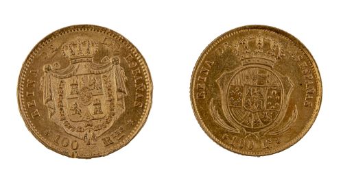 Dos monedas de cien reales de Isabel II en oro. De 1855 y 1