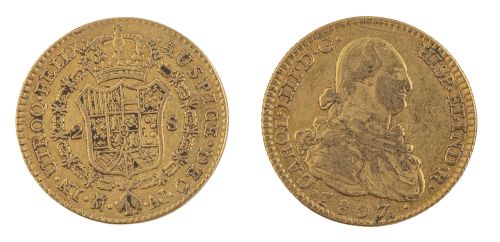 Moneda de dos escudos Carlos IV en oro. 1807. Madrid. A.J.