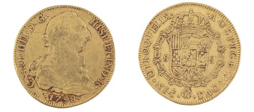 Moneda de ocho escudos de Carlos IV en oro. 1798. Nueva Esp