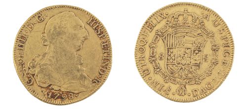 Moneda de ocho escudos de Carlos IV en oro. 1798. Nueva Esp