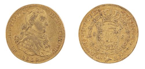 Moneda ocho escudos de Fernando VII en oro. 1809  México. HJ