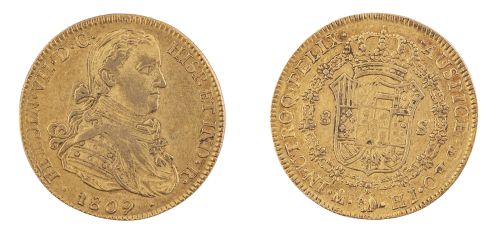 Moneda ocho escudos de Fernando VII en oro. 1809  México. HJ