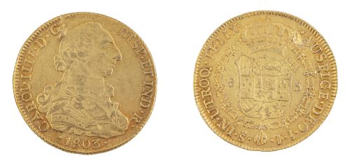 Moneda de ocho escudos de Carlos IV en oro. 1803. Nueva Esp