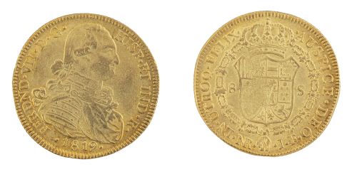 Moneda de ocho escudos Fernando VII en oro. 1819. Nuevo Rei
